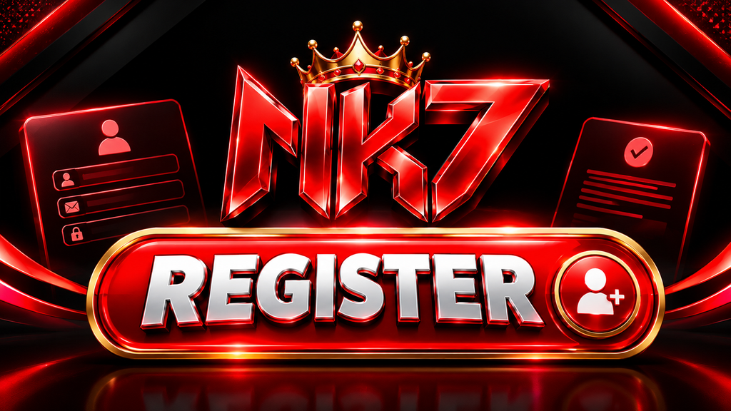 NK7 Game registration banner with a glossy red 3D logo, black background, and metallic REGISTER button.